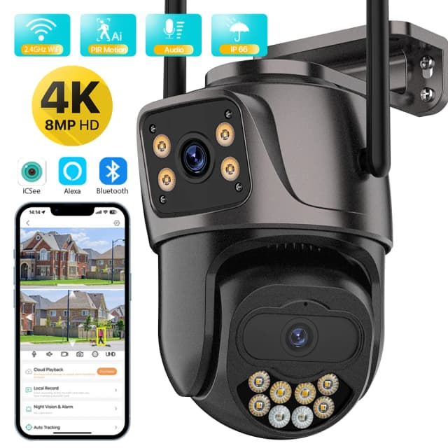 Câmera IP de segurança sem fio externa 4K 8MP HD Lente dupla externa Wifi PTZ Câmera de rastreamento automático Câmera de vigilância de rua iCsee
