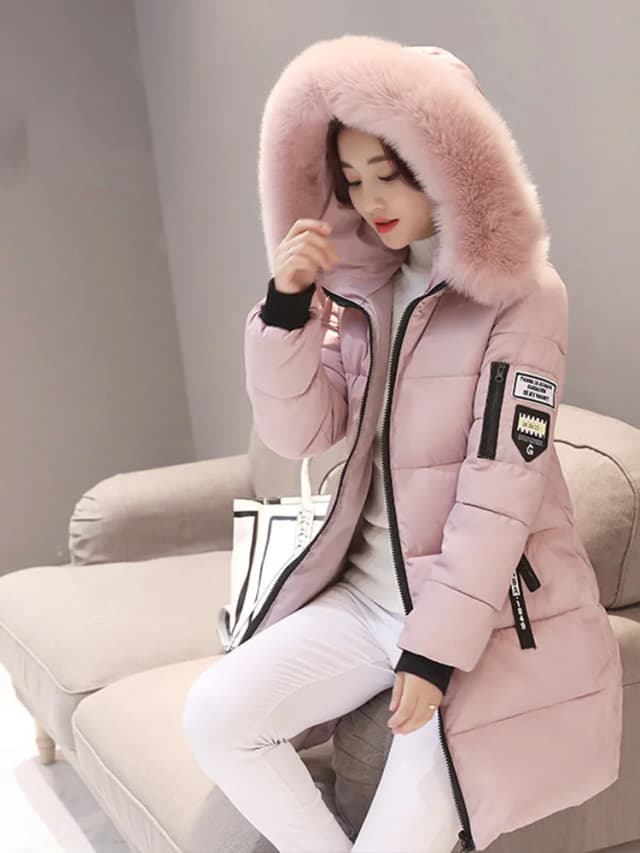 Mulheres inverno gola de pele com capuz parka moda carta remendo bolsos com zíper design jaqueta longa elegante fino quente grosso casacos femininos