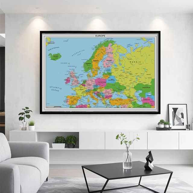 Mapa europeu de 225*150cm, pôster grande sem moldura em inglês, imagens de tecido não tecido, pintura de parede, material de escritório, decoração de casa