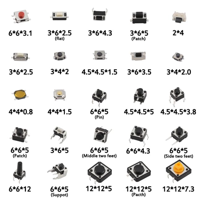Kit de interruptor tátil com micro botão sortido, 125 peças-25 tipos, incluindo interruptores de reinicialização e mini folha, smd/dip 2*4 3*6 4*4 6*6