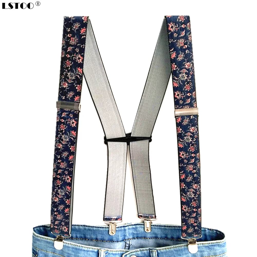 Suspensórios para adultos em forma de h, novo design com estampa de flor, 3.5 de largura, 4 grampos, elástico ajustável, para homens, mulheres, calças