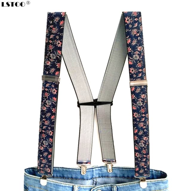 Suspensórios para adultos em forma de h, novo design com estampa de flor, 3.5 de largura, 4 grampos, elástico ajustável, para homens, mulheres, calças