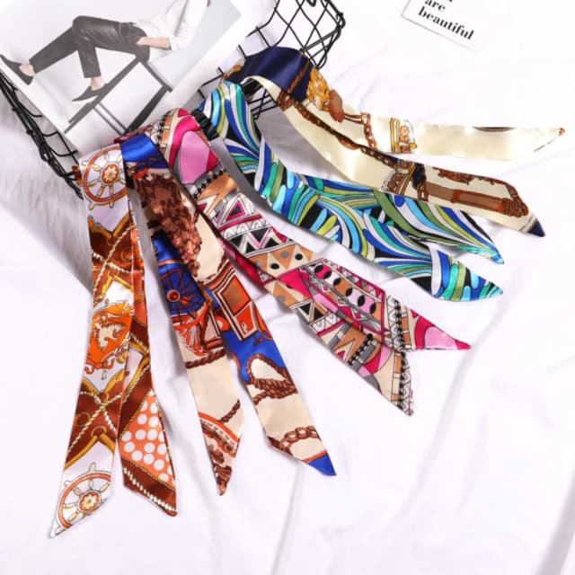 Nova impressão flor pequeno cachecol para mulheres alça saco fitas marca moda lenço de cabeça pequeno longo lenços magros atacado headbands
