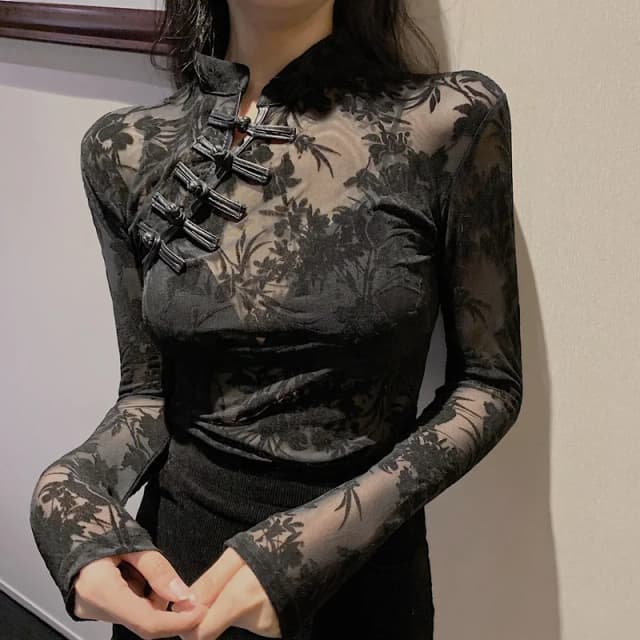 Blusas transparentes de renda feminina, camisas para mulheres estilo chinês gola alta, vintage, manga longa, blusas pretas para mulheres