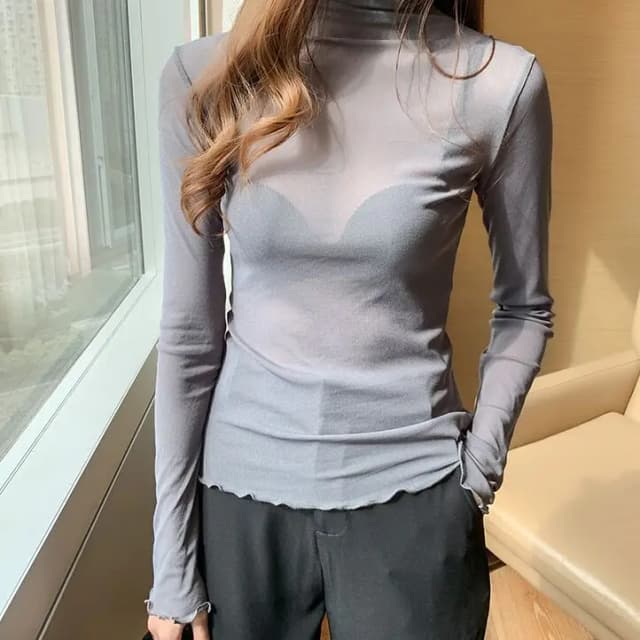 Mulheres de manga cheia gola alta, malha blusas, camisas, tops, camisetas, malha, transparente, fino, feminino, outono, tamanho M-3XL