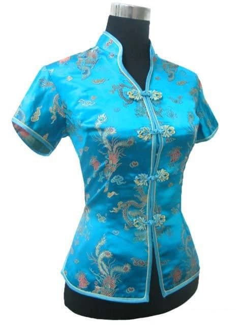 Blusa de Verão Estilo Chinês para Mulheres, Camisa Decote Em V, Tops De Cetim De Seda, Terno Tang, Azul, S, M, L, XL, XXL, XXXL, JY0044-4, Promoção