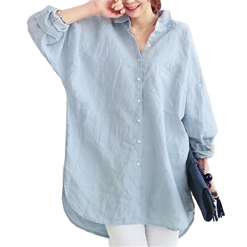 Blusa feminina solta camisas blusas camisa feminina primavera verão manga longa torneamento topos e blusas de linho casual mais azul praia