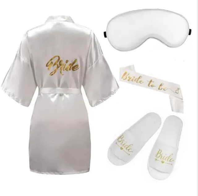 Conjunto de 4 peças de roupão de noiva, máscara para os olhos, faixa, dama de honra, quimono, casamento, festa de noiva, roupão de despedida de solteira, roupões pré-prontos