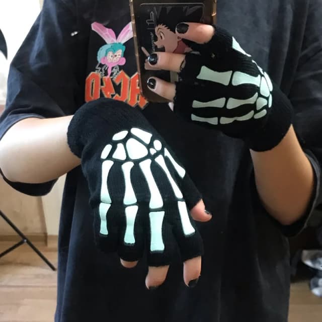 Novas luvas punk unissex halloween esqueleto crânio metade dedo luvas brilham no escuro sem dedos estiramento malha luvas de inverno