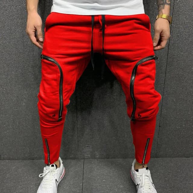 Calças de carga masculinas moda cor sólida cordão casual multi zíperes bolsos calças estilo hip hop calças harém streetwear