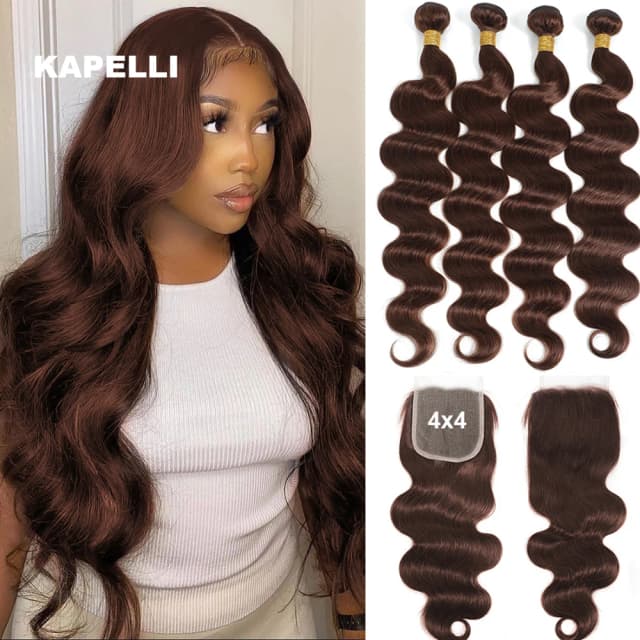 10a pacotes brasileiros com fechamento onda do corpo pacotes de cabelo humano com 4x4 fechamento do laço vermelho marrom colorido 3/4 pacotes cabelo remy