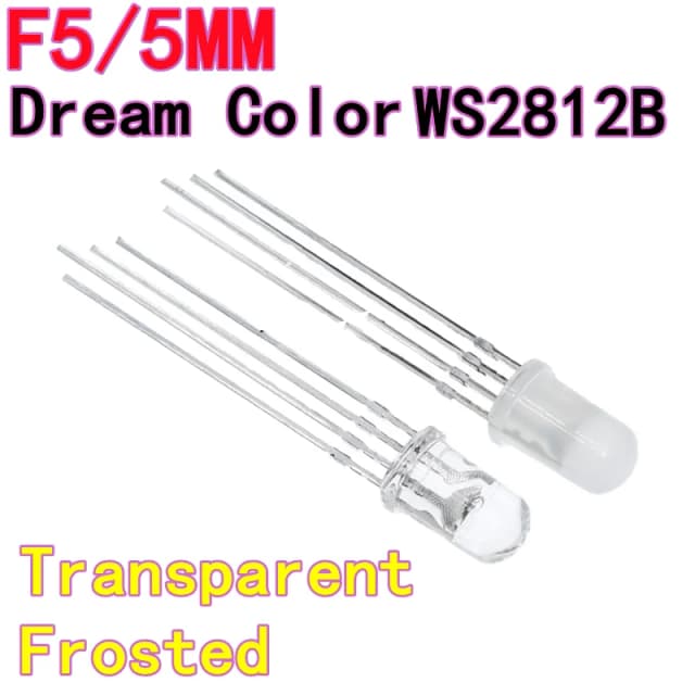 100 peças de alto brilho ws2812b através do furo led grânulo f5 rgb embutido ic 5v programável 5mm cor sonho transparente colorido