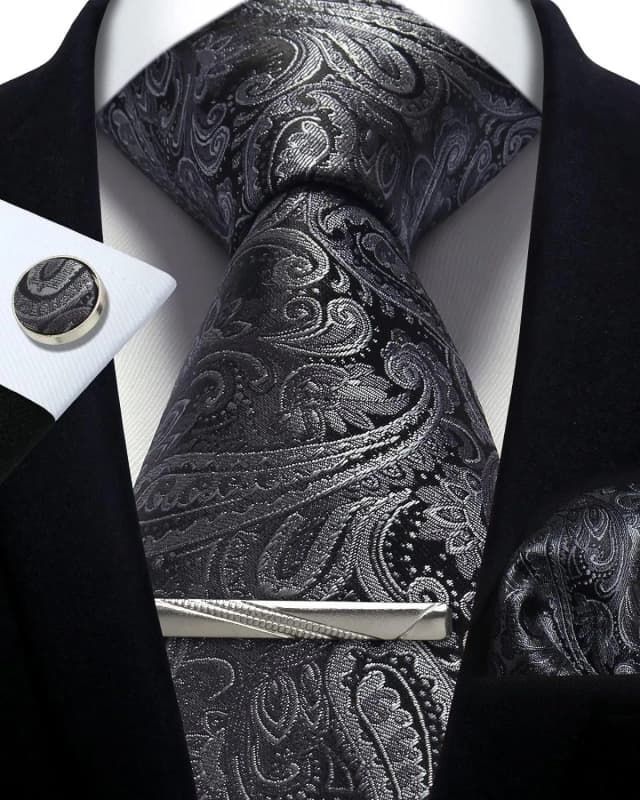 Conjunto de gravata masculina seda prata paisley floral gravata e bolso quadrado abotoaduras clipe clássico formal laços para festa de casamento masculino