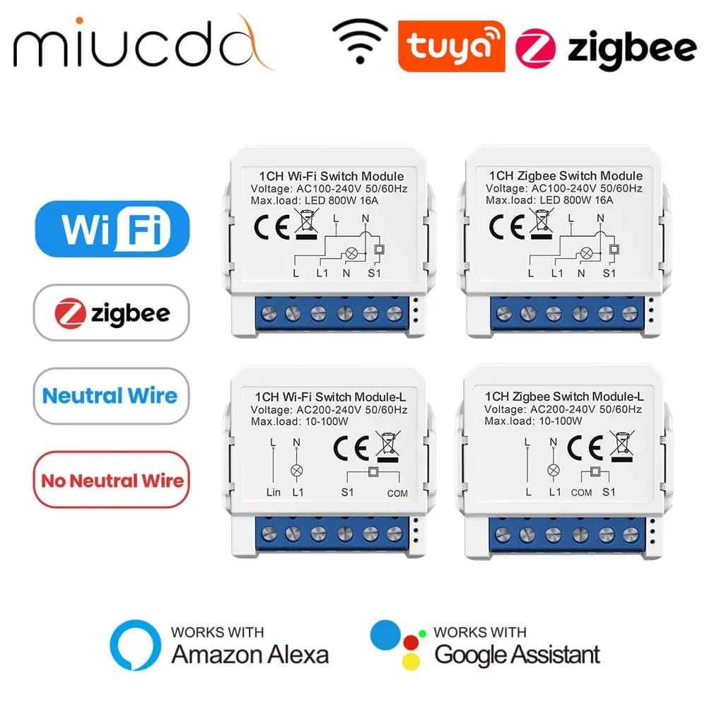 Miucda tuya wifi zigbee módulo de interruptor de luz inteligente disjuntor neutro/sem controle de fio neutro funciona com alexa google casa