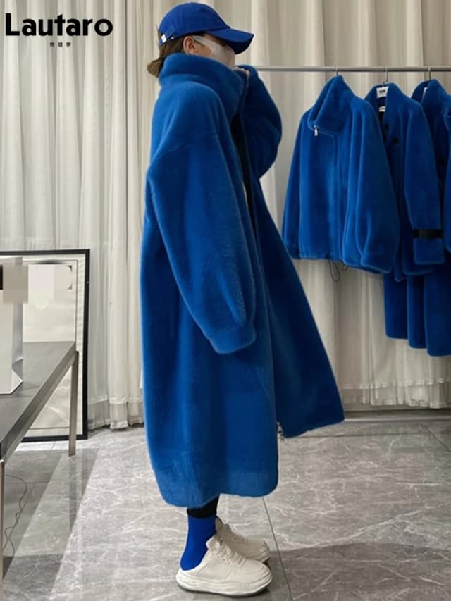 Lautaro inverno longo oversized azul branco preto fofo grosso quente casaco de pele do falso feminino zip up pista designer moda coreana 2022