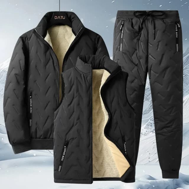 Conjunto de três peças de inverno quente forrado de lã casaco de algodão jaqueta à prova de vento engrossado calças de veludo de ovelha estilo casual