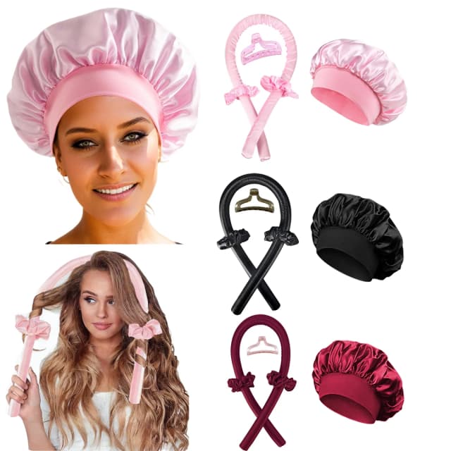 Haste de ondulação sem calor, conjunto de gorro de cetim sem calor, modelador de cabelo, rolos macios, cachos preguiçosos, chapéu de dormir, touca noturna