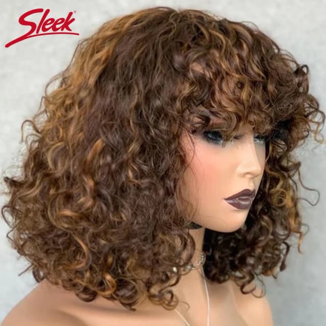 Jerry encaracolado curto pixie bob corte perucas de cabelo humano com franja peruca sem cola destaque mel onda água loira perucas coloridas para mulher