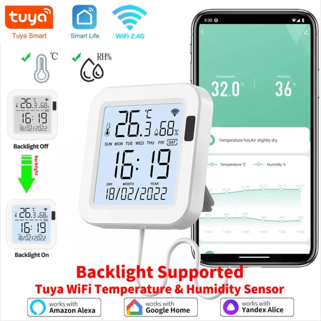 Sensor Inteligente de Temperatura e Umidade Tuya WiFi, Retroiluminação para Casa Inteligente, Tuya, Funciona com Alexa e Google Assistant
