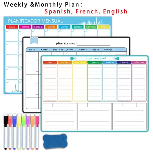 A3-formaat magnetische week- en maandplanner: Spaans, Frans, Engels. Droog uitwisbare whiteboard koelkaststicker kalender