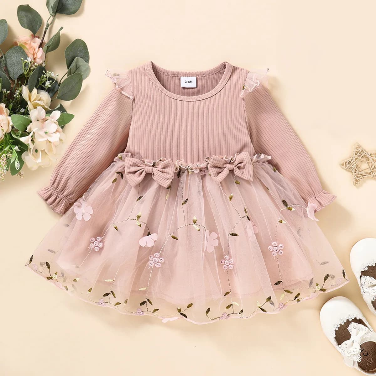 Nova peça única primavera e outono bebê menina rosa fino manga comprida princesa vestido de malha flor