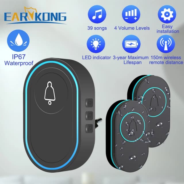 Campainha inteligente sem fio, campainha de boas-vindas para casa, à prova d'água, 300m, controle remoto, campainha inteligente, ue, reino unido, eua, plug opcional