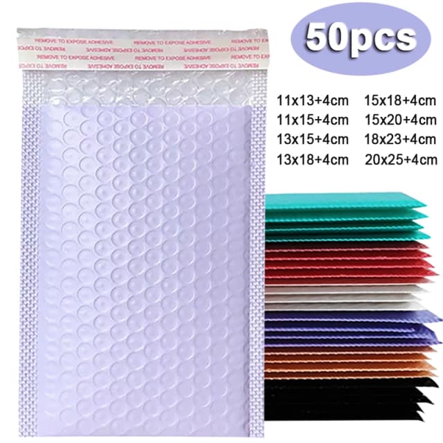 Bolha Acolchoada Mailing Envelopes, Mailer Poly para Embalagem, Auto Selo, Saco de envio, Roxo, 50Pcs