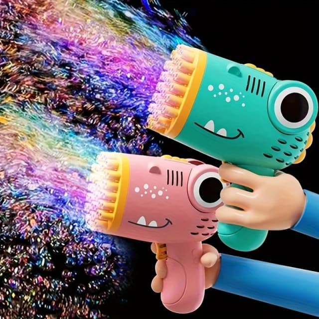 Máquina portátil de bolhas de dinossauro com 40 buracos, pistola elétrica de bolhas, brinquedo para festa de casamento ao ar livre