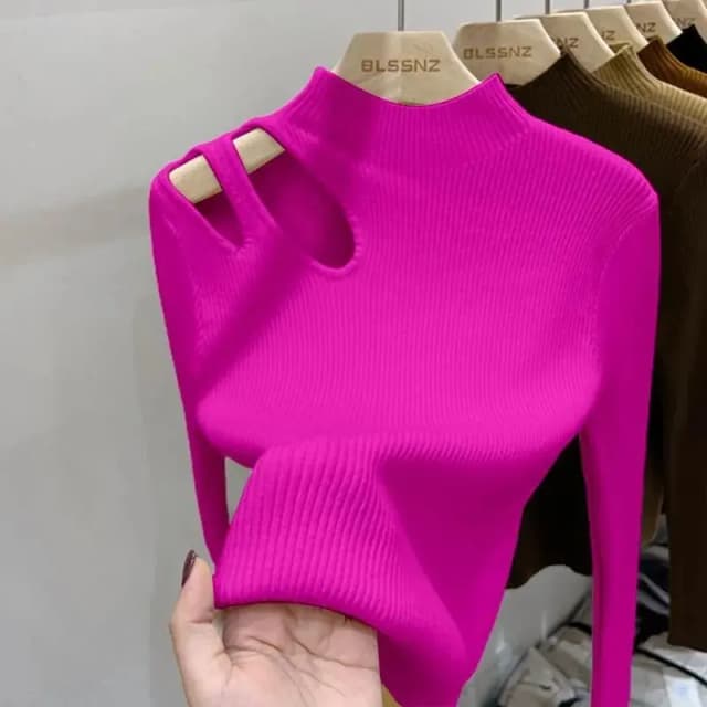 Suéter feminino de malha com gola alta vazada, pulôveres canelados, outono inverno, suéteres básicos femininos, tops macios e quentes