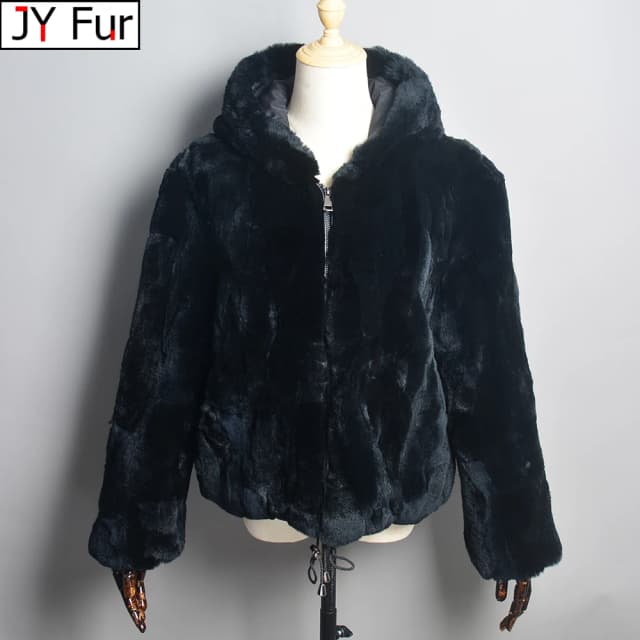 Casacos com capuz de pele de coelho real rex para mulheres, casaco quente de inverno 100% natural, quente, genuíno, novo, senhora