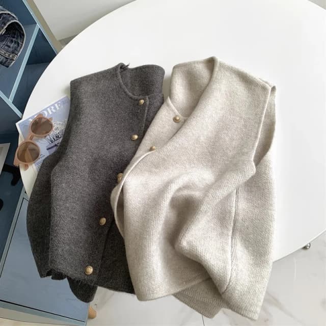 Moda senhora do escritório elegante topos primavera outono feminino botão sólido com decote em v sem mangas camisola casual de malha cardigan colete casacos
