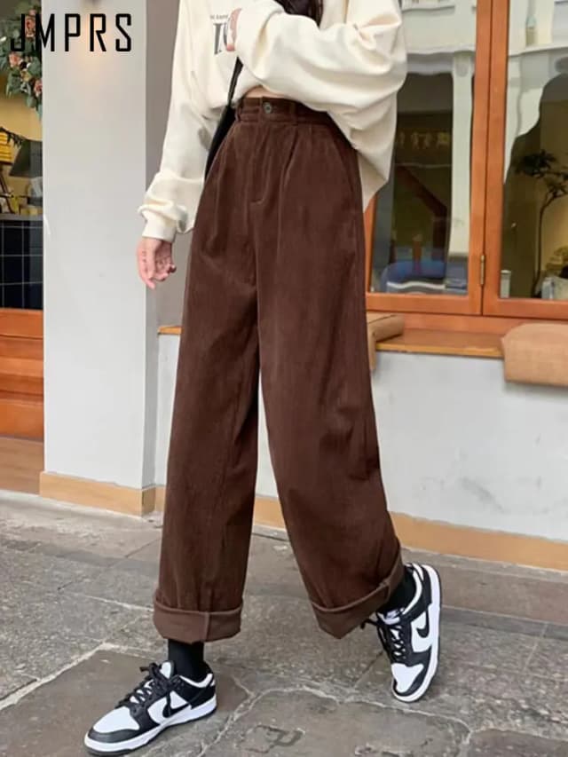 Jmprs calças femininas de veludo vintage, cintura alta, retas, casuais, primavera, coran, vintage, bolsos de café, calças combinadas, novas