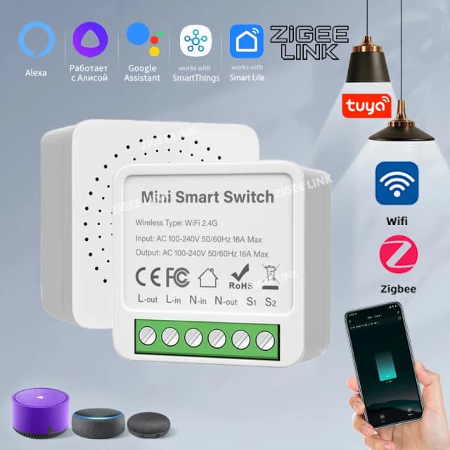 Tuya wifi/zigbee 3.0 interruptor inteligente mini disjuntor módulo diy temporizador remoto controle de luz sem fio trabalho com vida inteligente alexa google