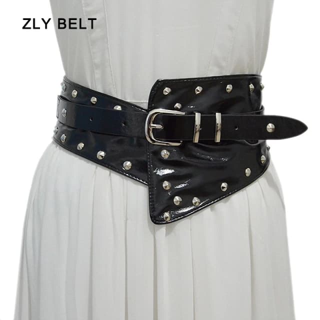 Zly 2024 nova moda cintura feminina 95cm espartilho rebite estilo punk metal pino fivela casaco de couro do plutônio vestido estilo cintura cinto