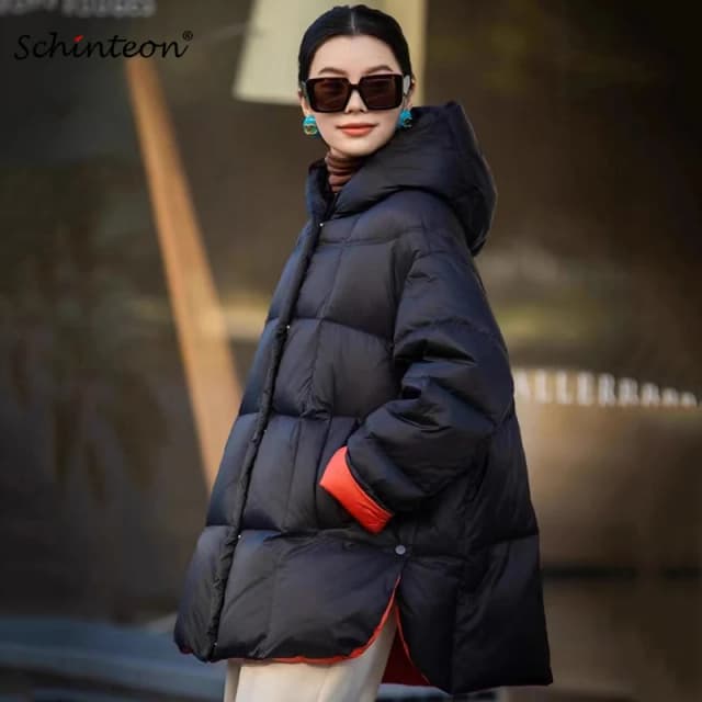 Schinteon jaqueta feminina casual solta sobre o tamanho quente outono inverno outwear pato branco para baixo com capuz moda casaco 2024 novo