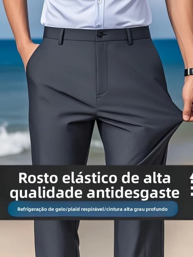 Calças Masculinas de Seda Gelada Ultrinas e as, Corte Reto Solto, de Alta Elasticidade para Uso Casual de Negócios