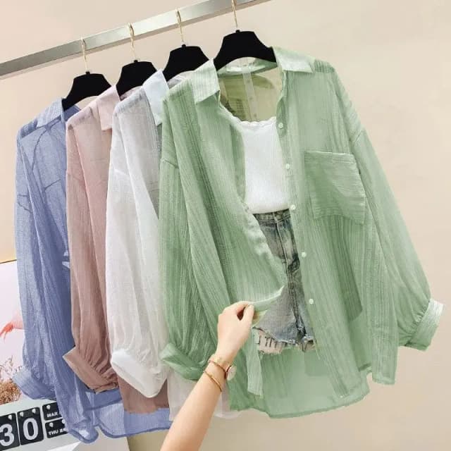 Roupas de protetor solar para mulheres, camisa de chiffon com perspectiva de corte fino, top solto coreano Harajuku, top cardigã feminino casual
