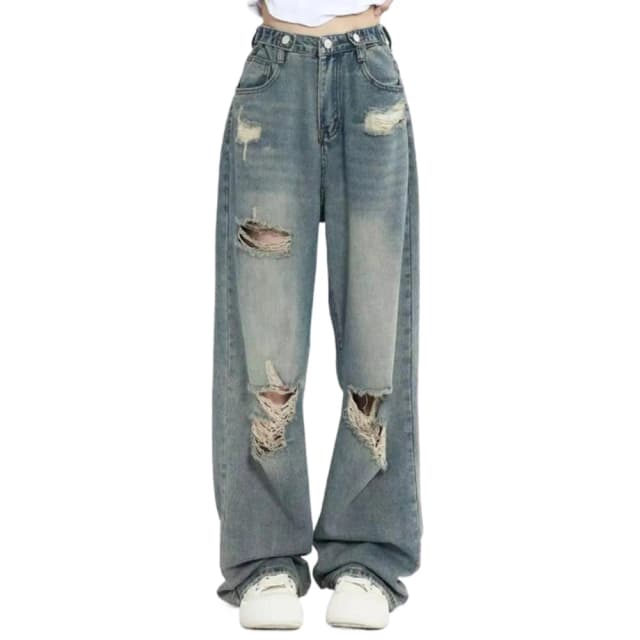 Americano retro buraco-perfurado jeans feminino cintura alta virilha reta solto design fino high-street vibe calças de arrasto de pernas largas