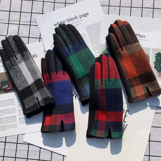 Novas mulheres inverno tecidos de lã manter quente tela toque luvas xadrez macio moda elegante unidade ciclismo à prova de frio não inchado