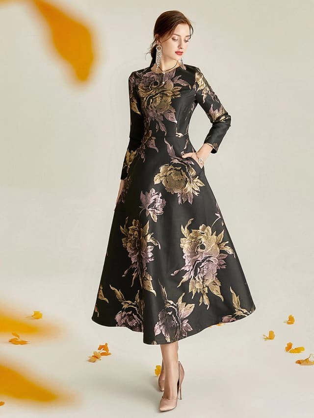 Devchua luxo feminino longo maxi jacquard vestido boho floral moda roupas senhoras festa vestido de noite vestidos vintage