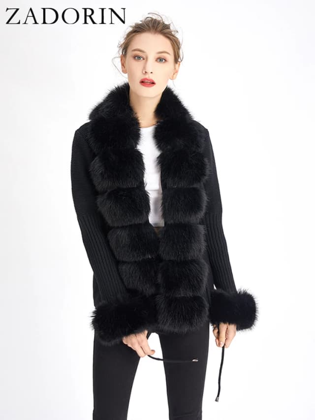 Zadorin luxo pele cardigan malha inverno camisola feminina elegante destacável cinto de pele branco rosa preto das mulheres cardigan estilo coreano