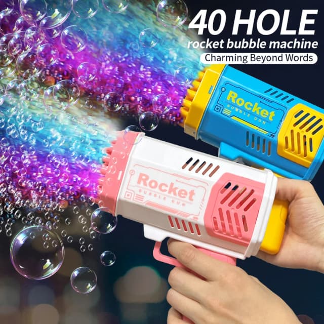 Máquina de bolhas de 40 buracos, totalmente automática, sopradora de bolhas, luz externa, sem bateria, sem bolha de água