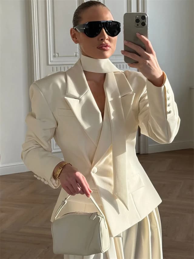 Tossy elegante moda terno jaqueta feminina retalhos com decote em v rendas commute manga longa outono 2025 casaco para mulher terno bandagem