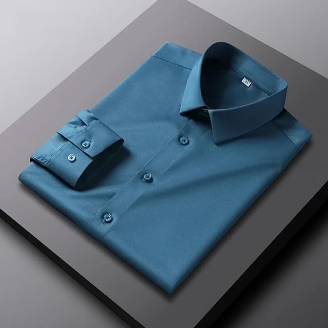 Camisa masculina casual e elegante de manga comprida de cor sólida sem engomar e resistente a rugas
