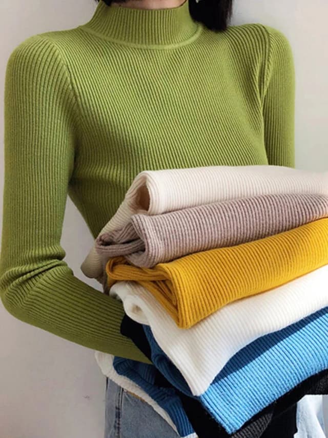 Outono inverno mock neck camisola feminina vintage básico sólido malha topos casual fino pulôver coreano blusas simples chique jumpers