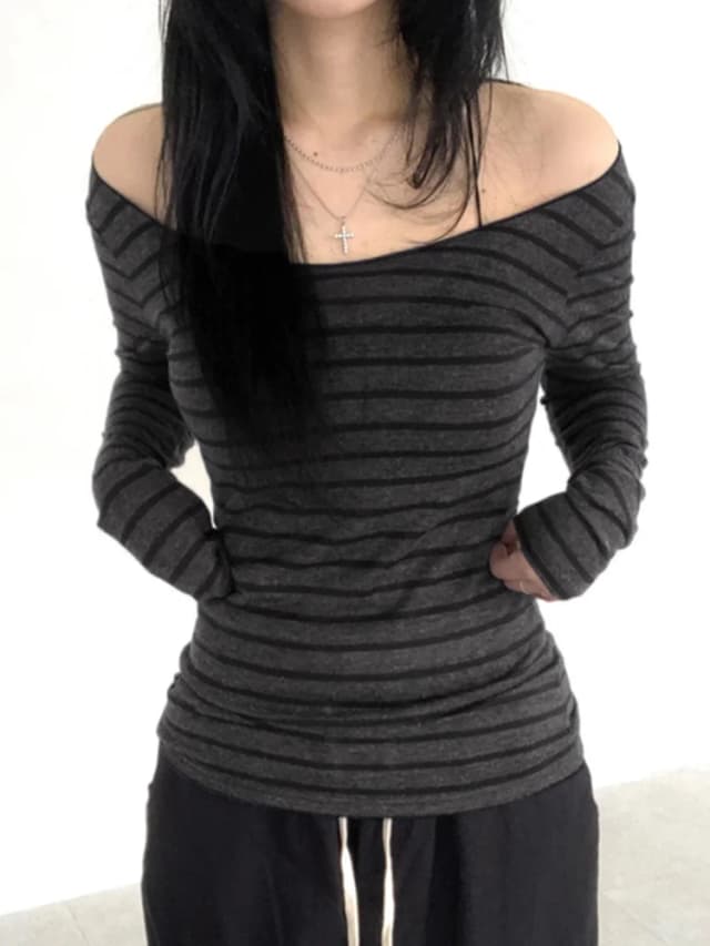 Harajuku básico fino manga longa listra camiseta fora do ombro o pescoço estilo de rua coreano primavera outono y2k camiseta cinza feminina
