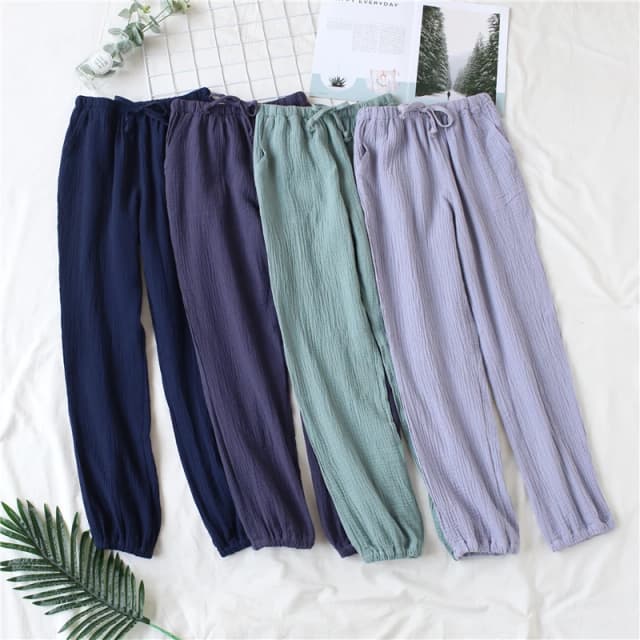 Pijamas japoneses masculinos e femininos primavera e outono calças para casa algodão lavado gaze dupla solta calças confortáveis calças casuais