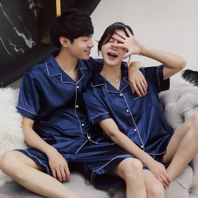 Cor sólida pijamas de cetim de seda conjunto de casal de manga curta pijamas terno feminino masculino loungewear plus size conjunto pj