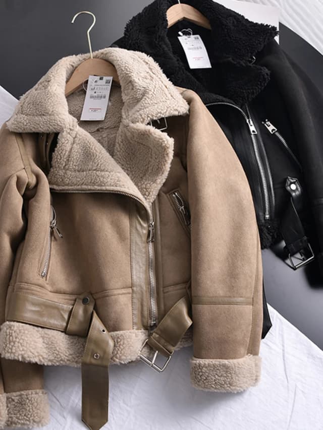 Ailegogo inverno feminino grosso quente camurça jaqueta de cordeiro curto motocicleta casacos marrons falso shearling pele carneiro jaquetas de couro outwear