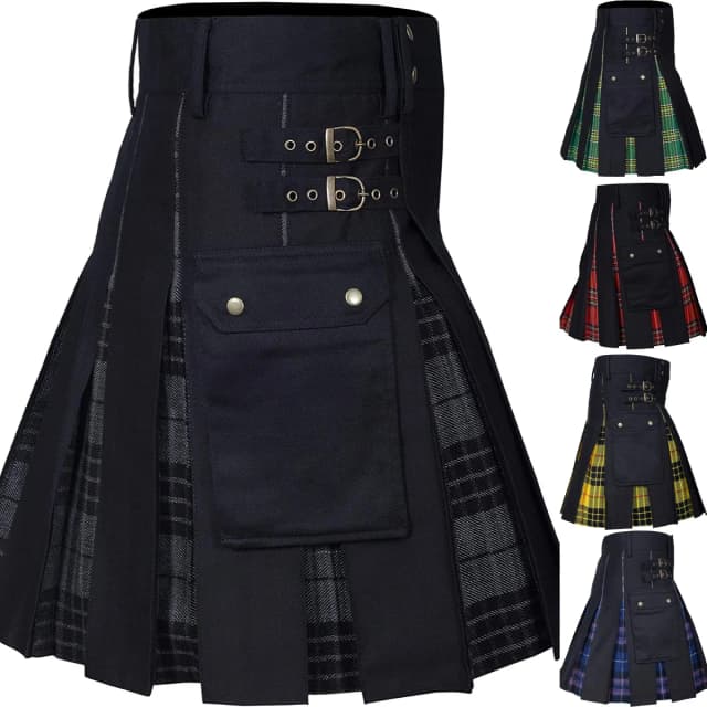 Kilts para homens, kilt utilitário, kilt híbrido jeans 100% algodão, caixa moderna plissada tartan tradicional masculino kilt